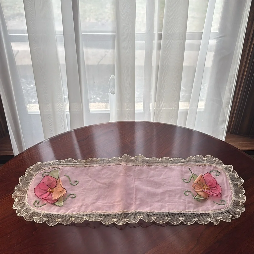 Vintage Embroidered Doily Hand Embroidery Hand Crafted Antique Lace Linen Floral